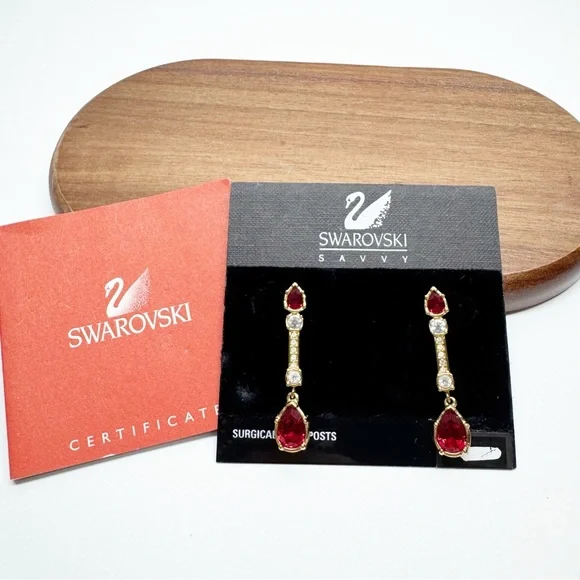 Swarovski Swan Red Crystal Drop Earrings Surgical Steel Posts - Picture 1 of 6